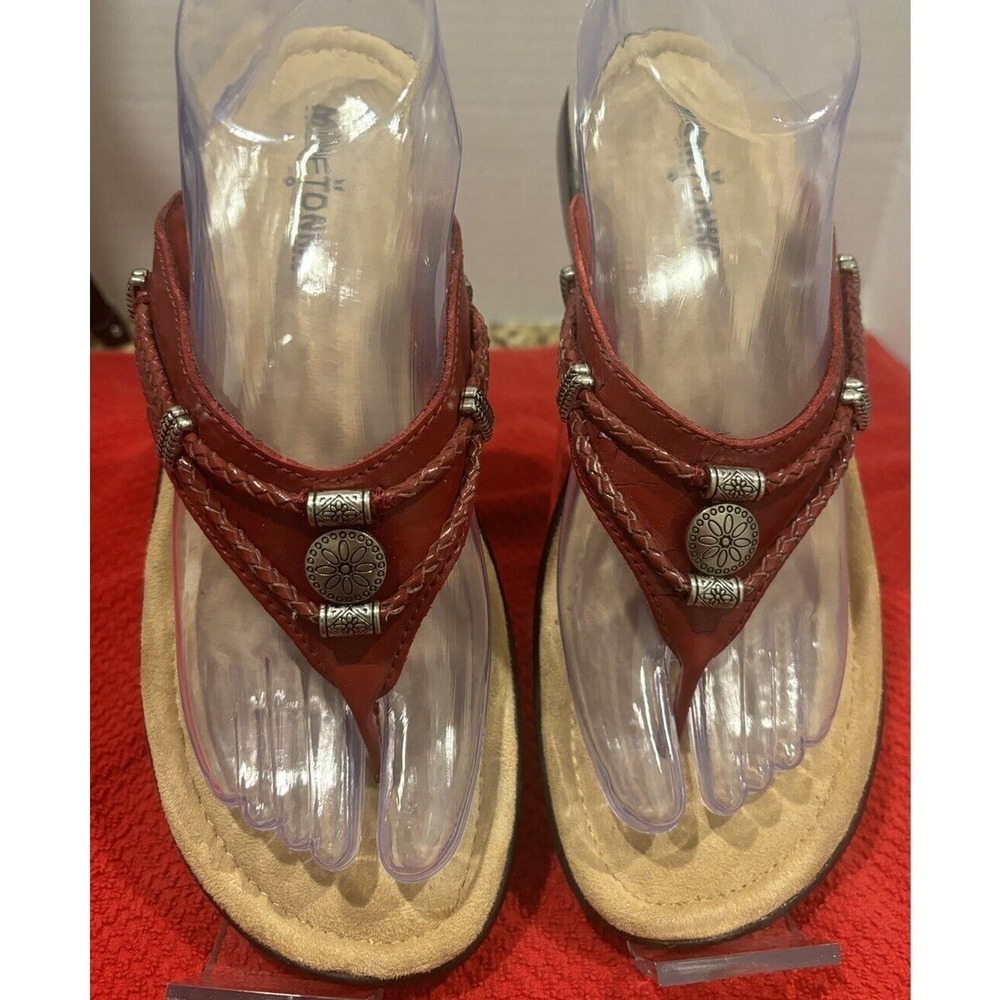 Minnetonka Red Sandals with Decorative Silver Details
